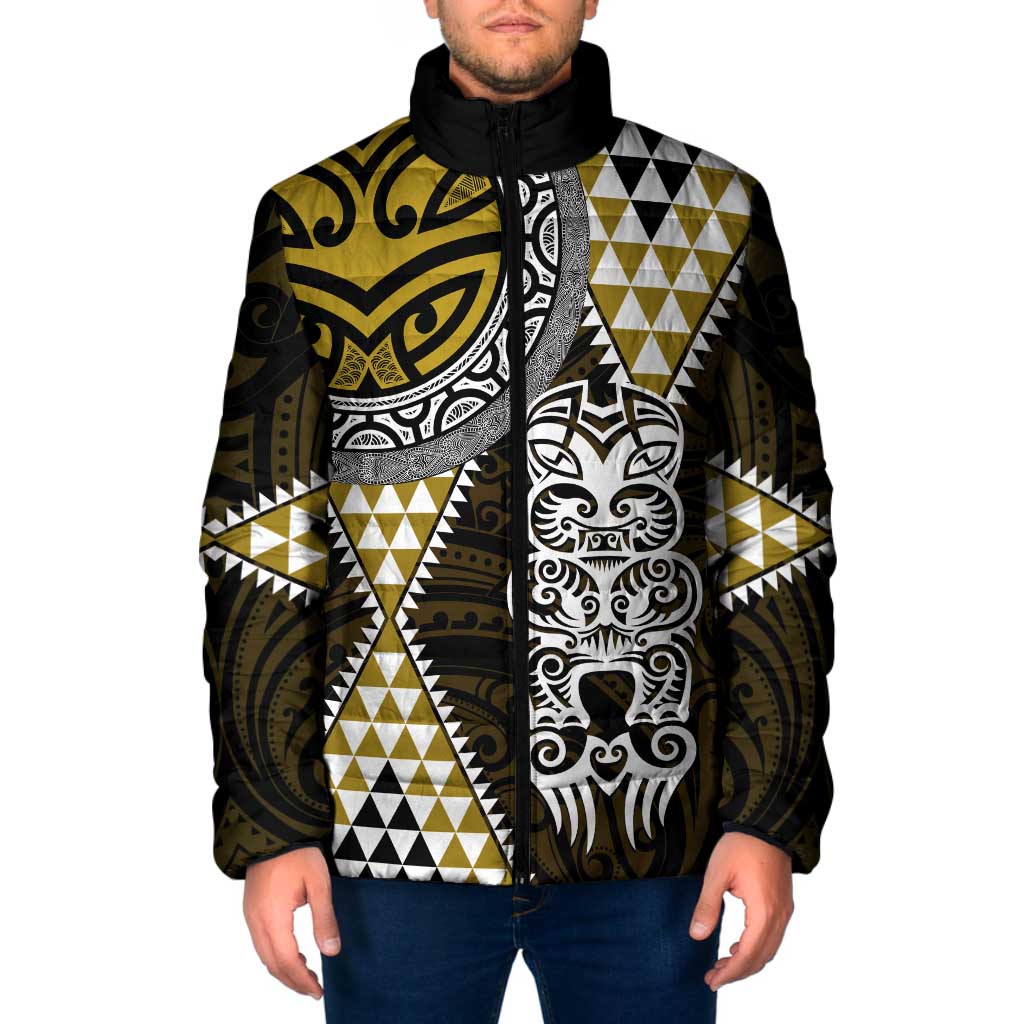 Yellow Aotearoa Niho Taniwha Padded Jacket Maori Mythology Tooth - Taniko Motifs - Polynesian Pride