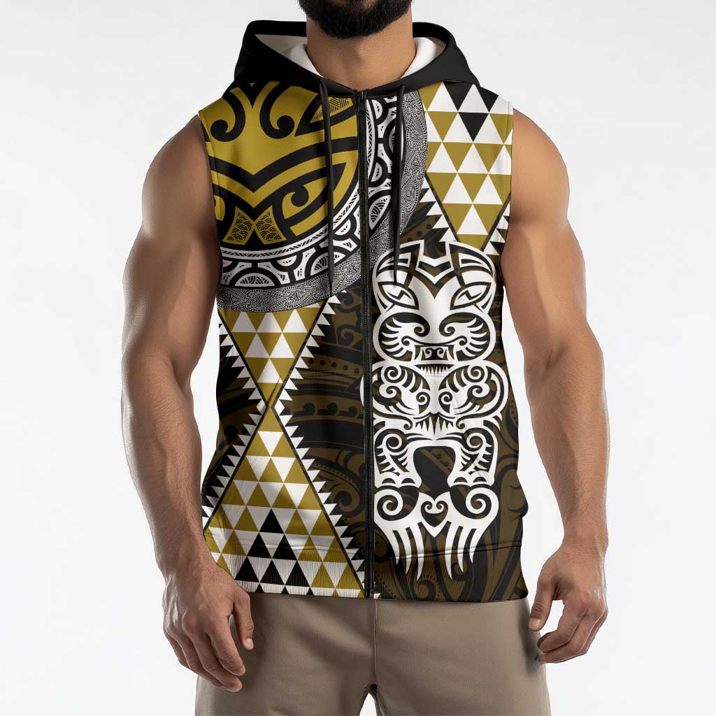 Yellow Aotearoa Niho Taniwha Sleeveless Zip Hoodie Maori Mythology Tooth - Taniko Motifs - Polynesian Pride