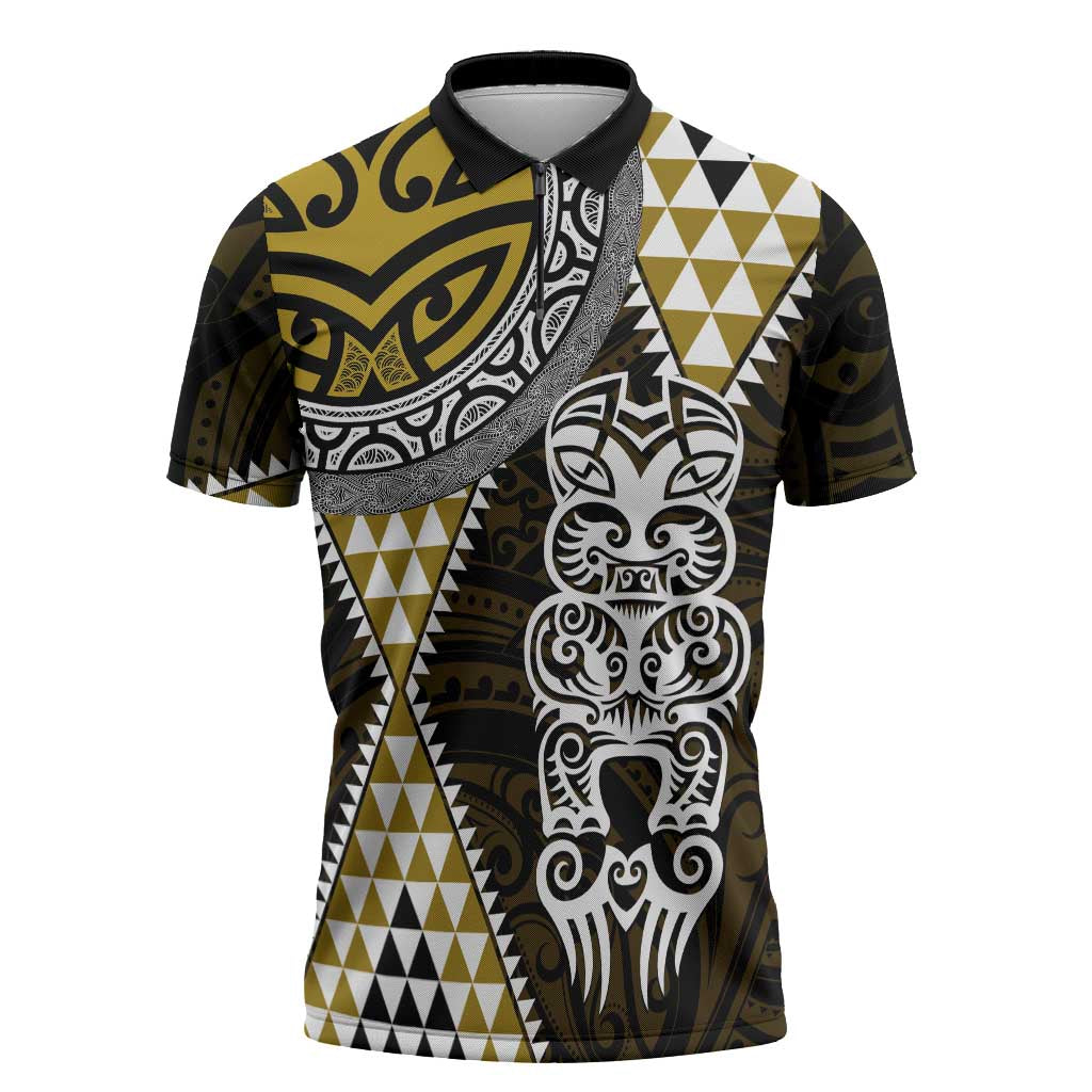 Yellow Aotearoa Niho Taniwha Zipper Polo Shirt Maori Mythology Tooth - Taniko Motifs LT14 Yellow - Polynesian Pride