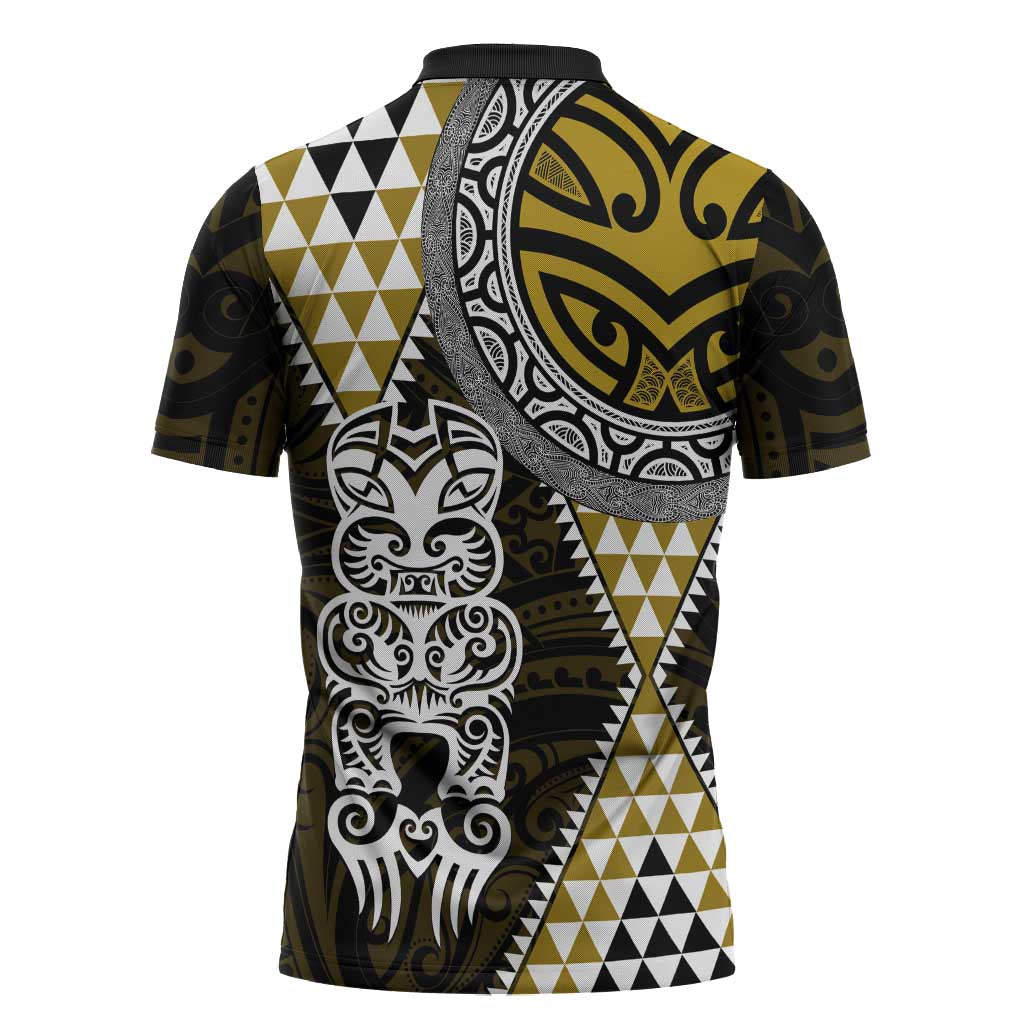 Yellow Aotearoa Niho Taniwha Zipper Polo Shirt Maori Mythology Tooth - Taniko Motifs LT14 - Polynesian Pride