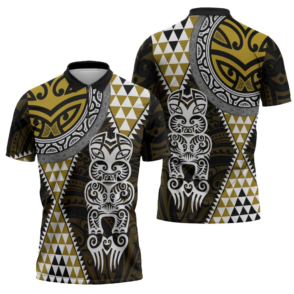 Yellow Aotearoa Niho Taniwha Zipper Polo Shirt Maori Mythology Tooth - Taniko Motifs LT14 - Polynesian Pride