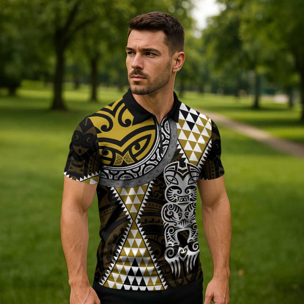 Yellow Aotearoa Niho Taniwha Zipper Polo Shirt Maori Mythology Tooth - Taniko Motifs LT14 - Polynesian Pride