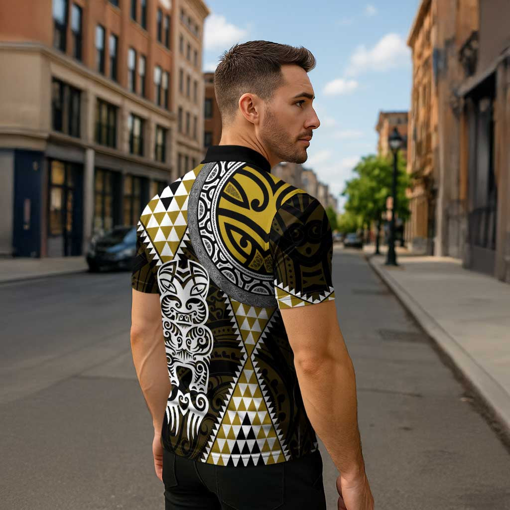 Yellow Aotearoa Niho Taniwha Zipper Polo Shirt Maori Mythology Tooth - Taniko Motifs LT14 - Polynesian Pride