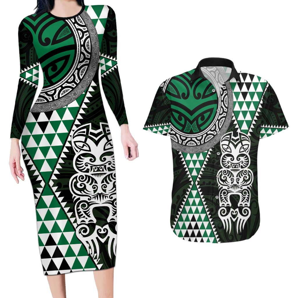 Green Aotearoa Niho Taniwha Couples Matching Long Sleeve Bodycon Dress and Hawaiian Shirt Maori Mythology Tooth - Taniko Motifs LT14 Green - Polynesian Pride