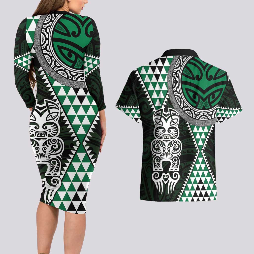 Green Aotearoa Niho Taniwha Couples Matching Long Sleeve Bodycon Dress and Hawaiian Shirt Maori Mythology Tooth - Taniko Motifs LT14 - Polynesian Pride