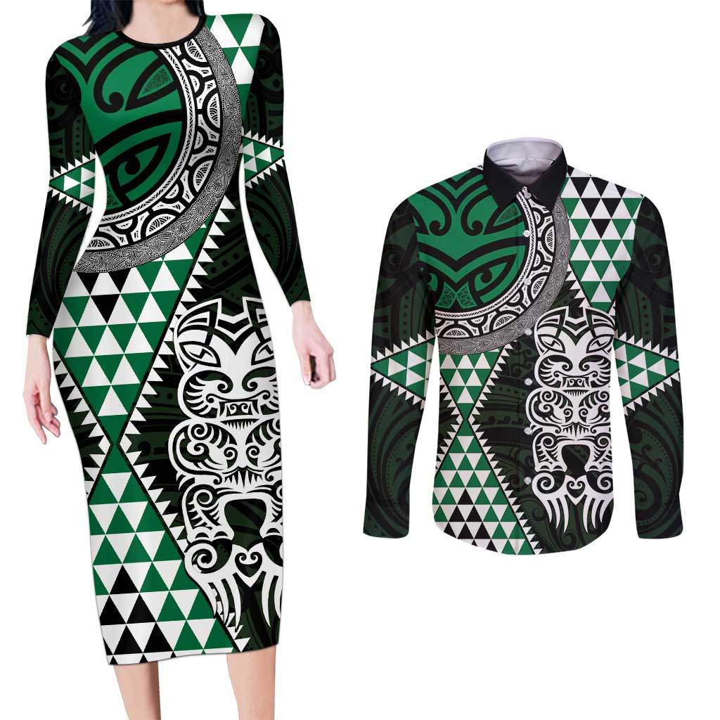 Green Aotearoa Niho Taniwha Couples Matching Long Sleeve Bodycon Dress and Long Sleeve Button Shirt Maori Mythology Tooth - Taniko Motifs LT14 Green - Polynesian Pride