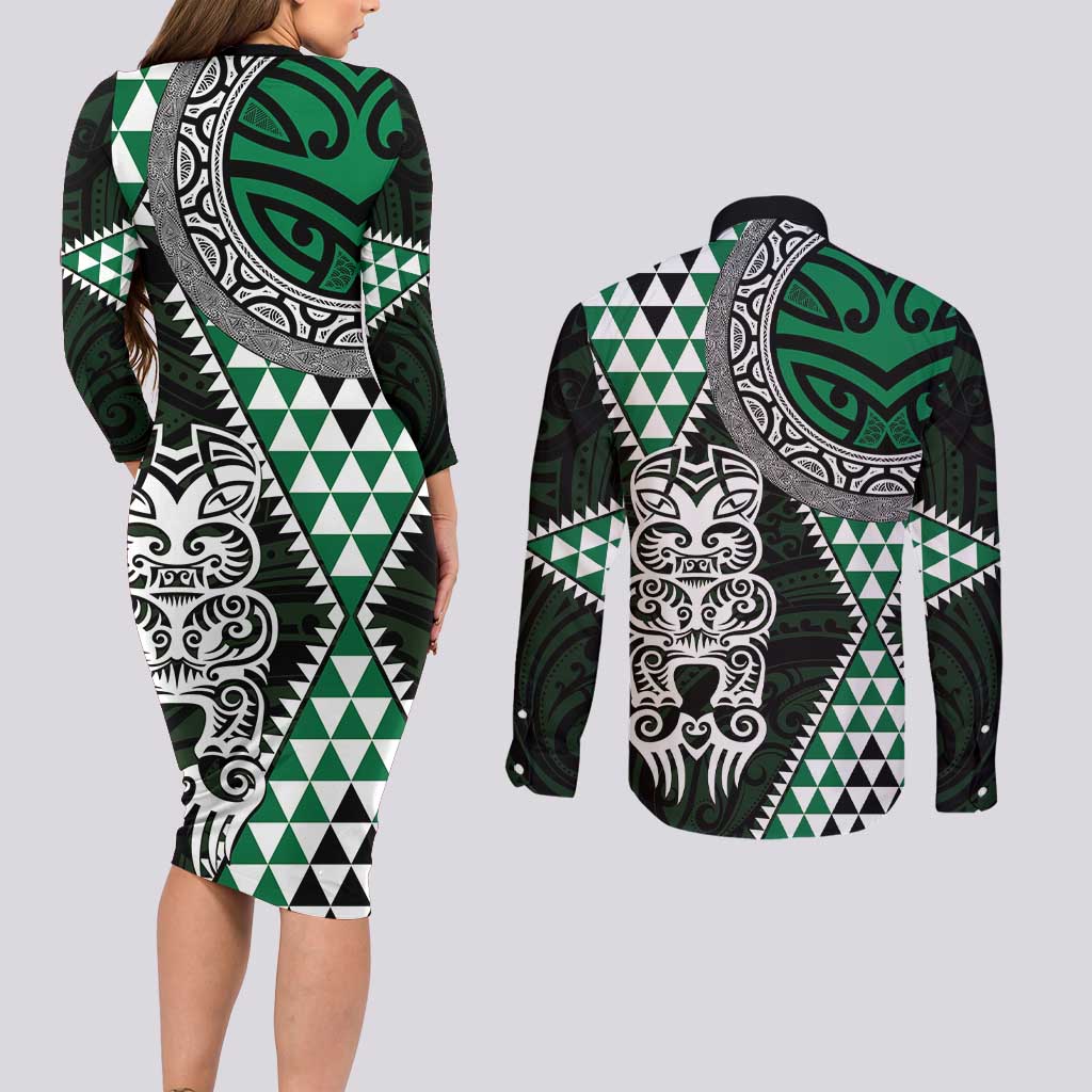 Green Aotearoa Niho Taniwha Couples Matching Long Sleeve Bodycon Dress and Long Sleeve Button Shirt Maori Mythology Tooth - Taniko Motifs LT14 - Polynesian Pride