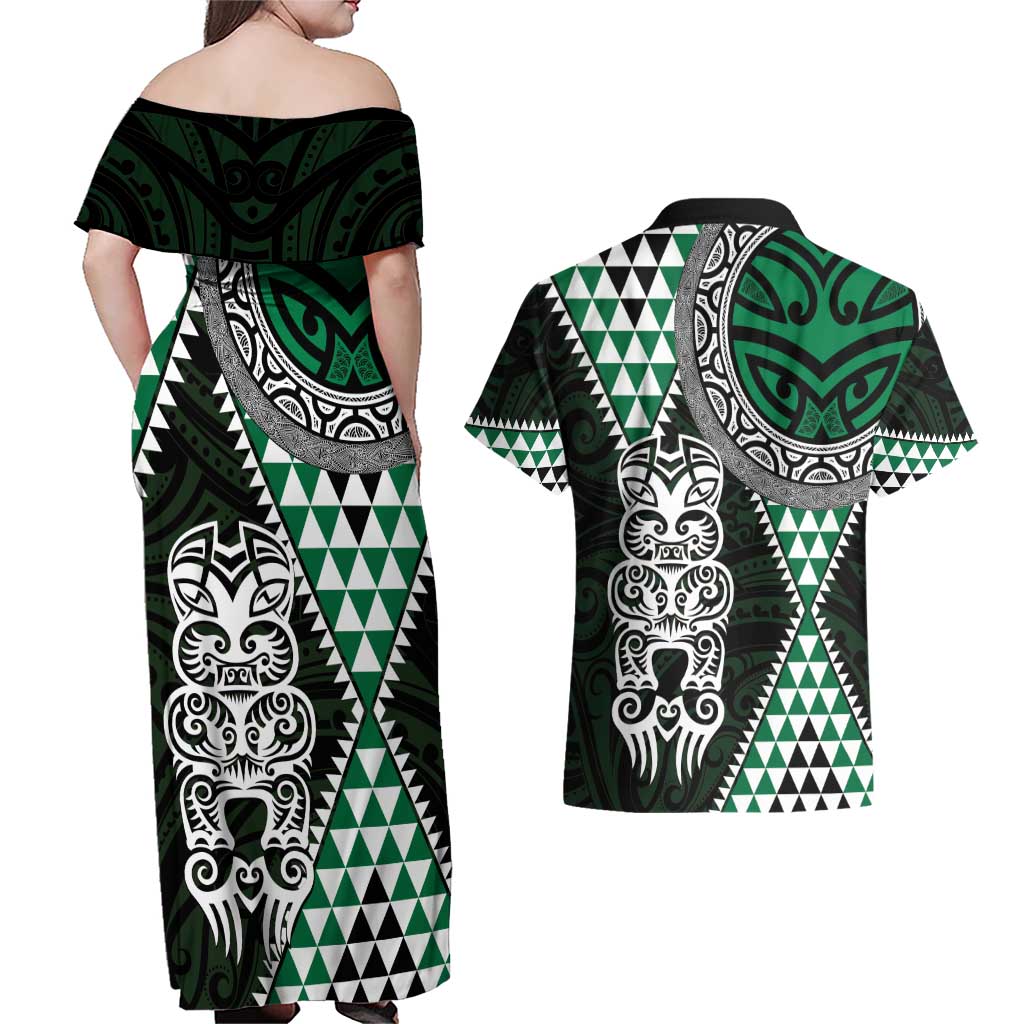 Green Aotearoa Niho Taniwha Couples Matching Off Shoulder Maxi Dress and Hawaiian Shirt Maori Mythology Tooth - Taniko Motifs LT14 - Polynesian Pride