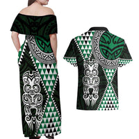 Green Aotearoa Niho Taniwha Couples Matching Off Shoulder Maxi Dress and Hawaiian Shirt Maori Mythology Tooth - Taniko Motifs LT14 - Polynesian Pride