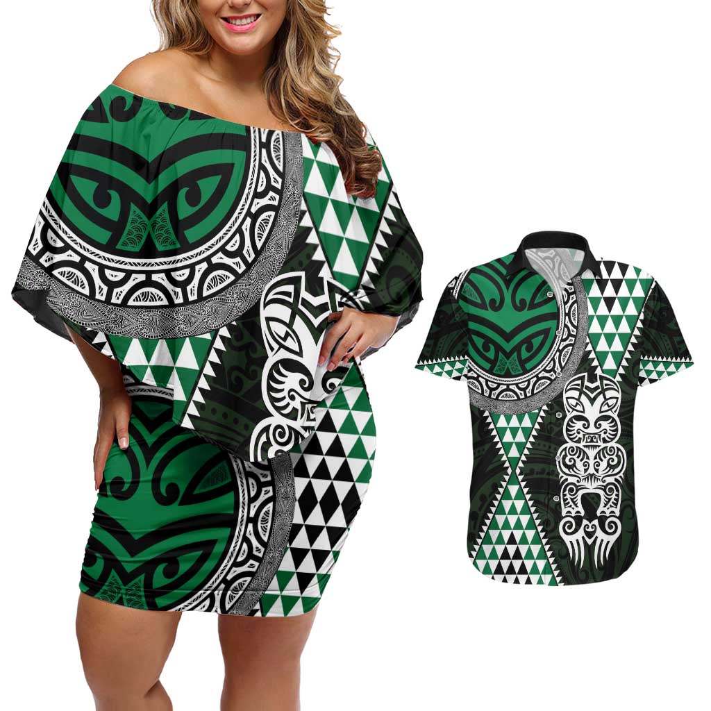 Green Aotearoa Niho Taniwha Couples Matching Off Shoulder Short Dress and Hawaiian Shirt Maori Mythology Tooth - Taniko Motifs LT14 Green - Polynesian Pride