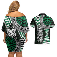 Green Aotearoa Niho Taniwha Couples Matching Off Shoulder Short Dress and Hawaiian Shirt Maori Mythology Tooth - Taniko Motifs LT14 - Polynesian Pride