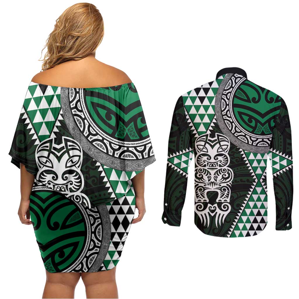 Green Aotearoa Niho Taniwha Couples Matching Off Shoulder Short Dress and Long Sleeve Button Shirt Maori Mythology Tooth - Taniko Motifs