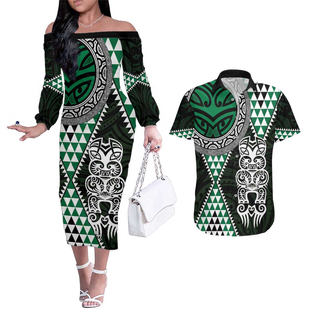 Green Aotearoa Niho Taniwha Couples Matching Off The Shoulder Long Sleeve Dress and Hawaiian Shirt Maori Mythology Tooth - Taniko Motifs LT14 Green - Polynesian Pride