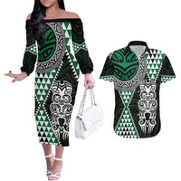 Green Aotearoa Niho Taniwha Couples Matching Off The Shoulder Long Sleeve Dress and Hawaiian Shirt Maori Mythology Tooth - Taniko Motifs LT14 Green - Polynesian Pride