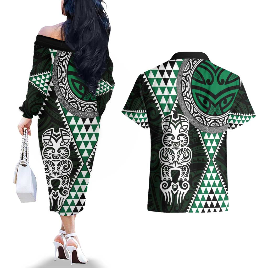 Green Aotearoa Niho Taniwha Couples Matching Off The Shoulder Long Sleeve Dress and Hawaiian Shirt Maori Mythology Tooth - Taniko Motifs LT14 - Polynesian Pride