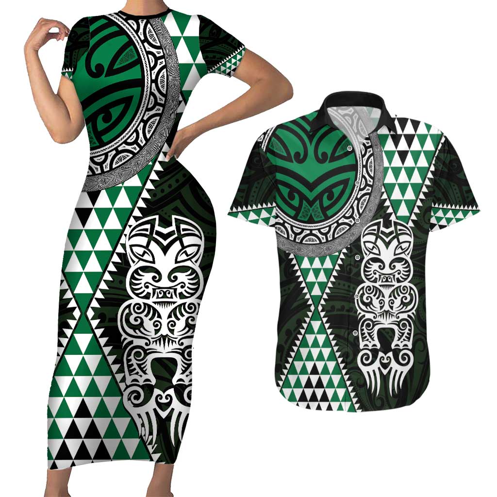 Green Aotearoa Niho Taniwha Couples Matching Short Sleeve Bodycon Dress and Hawaiian Shirt Maori Mythology Tooth - Taniko Motifs LT14 Green - Polynesian Pride