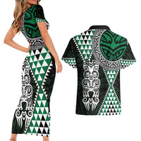 Green Aotearoa Niho Taniwha Couples Matching Short Sleeve Bodycon Dress and Hawaiian Shirt Maori Mythology Tooth - Taniko Motifs LT14 - Polynesian Pride