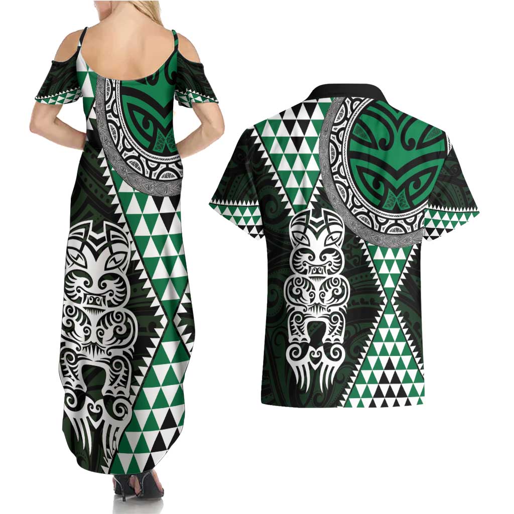 Green Aotearoa Niho Taniwha Couples Matching Summer Maxi Dress and Hawaiian Shirt Maori Mythology Tooth - Taniko Motifs LT14 - Polynesian Pride