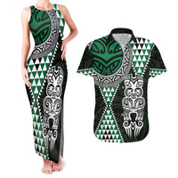 Green Aotearoa Niho Taniwha Couples Matching Tank Maxi Dress and Hawaiian Shirt Maori Mythology Tooth - Taniko Motifs LT14 Green - Polynesian Pride