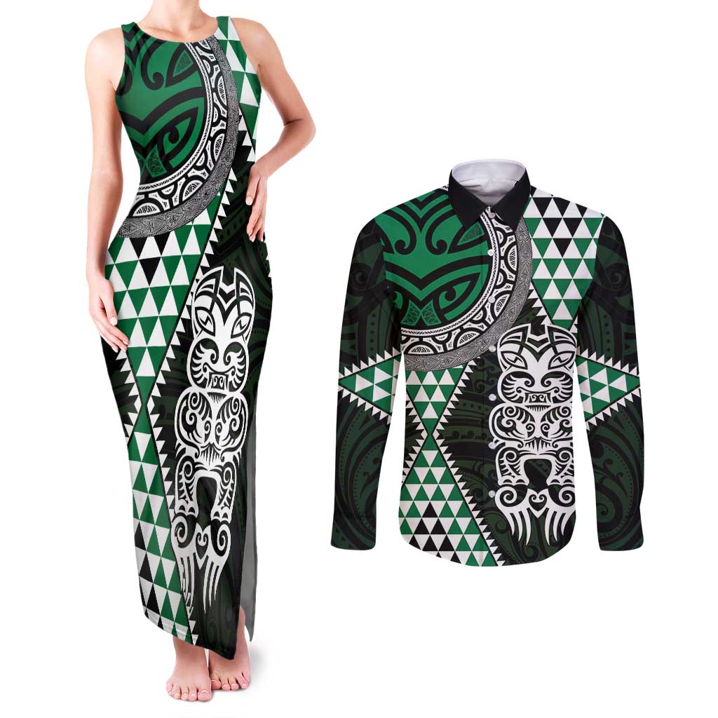 Green Aotearoa Niho Taniwha Couples Matching Tank Maxi Dress and Long Sleeve Button Shirt Maori Mythology Tooth - Taniko Motifs LT14 Green - Polynesian Pride
