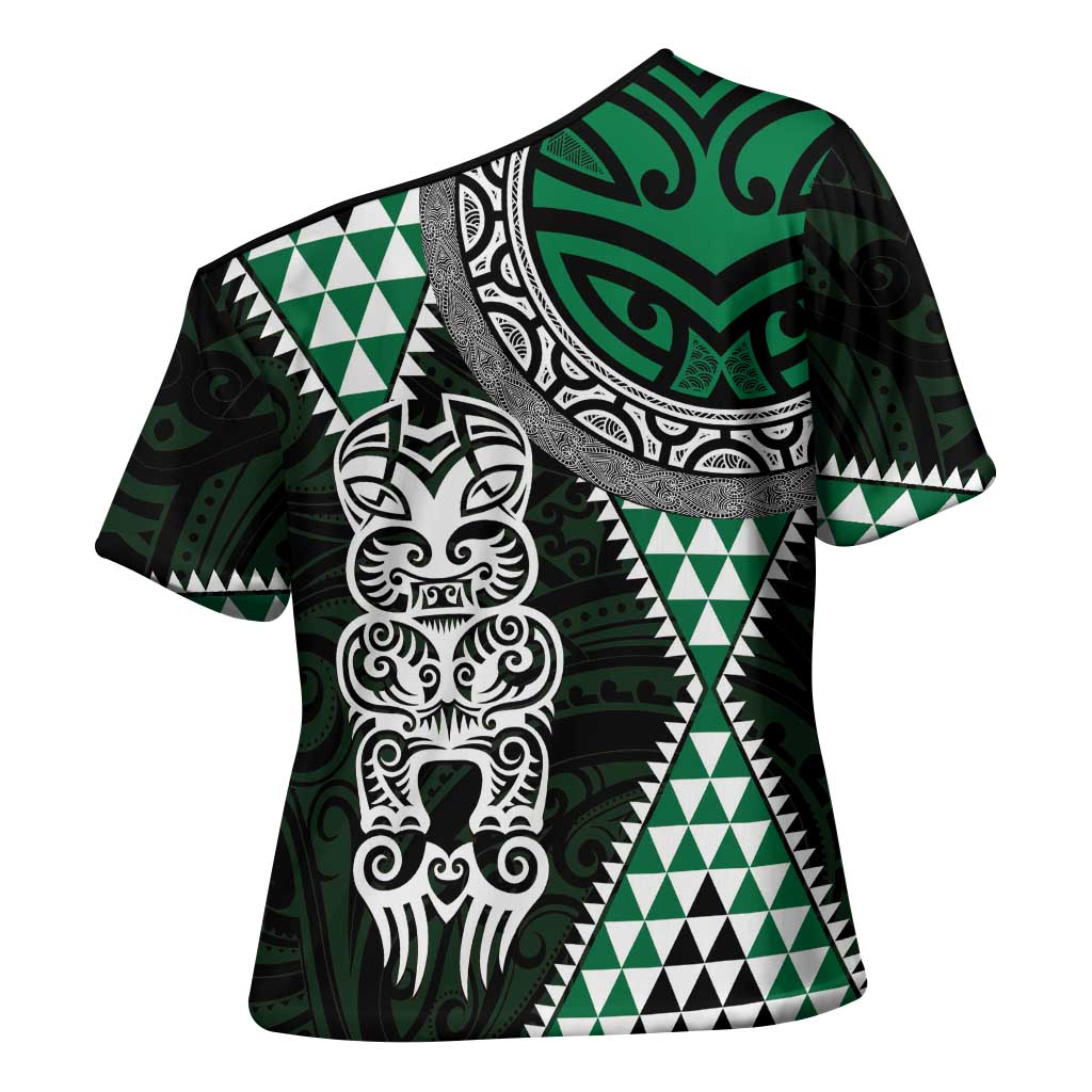 Green Aotearoa Niho Taniwha Cross Shoulder Shirt Maori Mythology Tooth - Taniko Motifs - Polynesian Pride