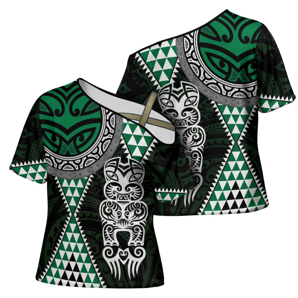 Green Aotearoa Niho Taniwha Cross Shoulder Shirt Maori Mythology Tooth - Taniko Motifs - Polynesian Pride