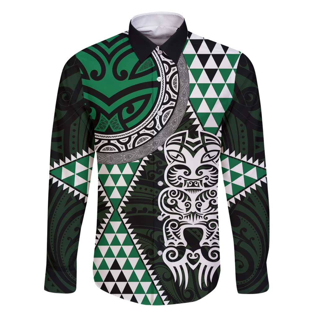Green Aotearoa Niho Taniwha Family Matching Long Sleeve Bodycon Dress and Hawaiian Shirt Maori Mythology Tooth - Taniko Motifs LT14 Dad's Shirt - Long Sleeve Green - Polynesian Pride