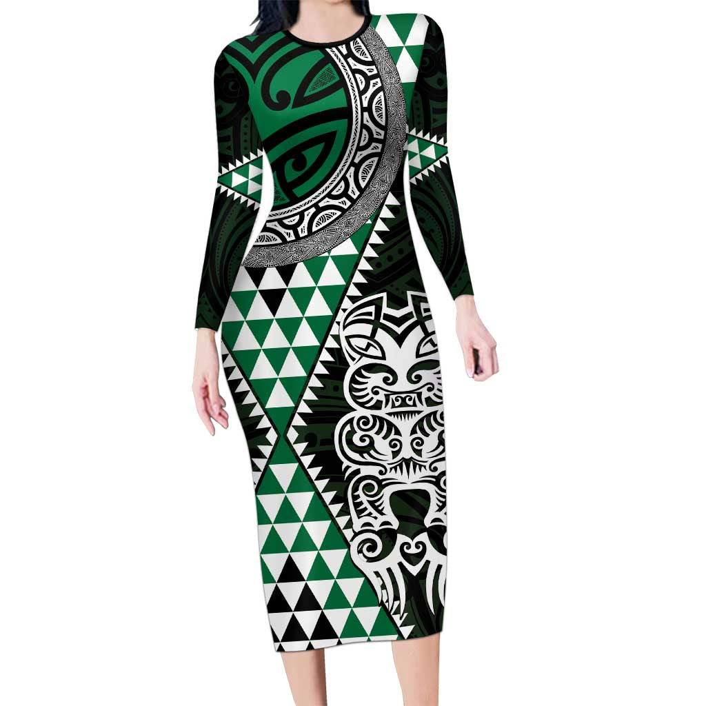 Green Aotearoa Niho Taniwha Family Matching Long Sleeve Bodycon Dress and Hawaiian Shirt Maori Mythology Tooth - Taniko Motifs LT14 Mom's Dress Green - Polynesian Pride