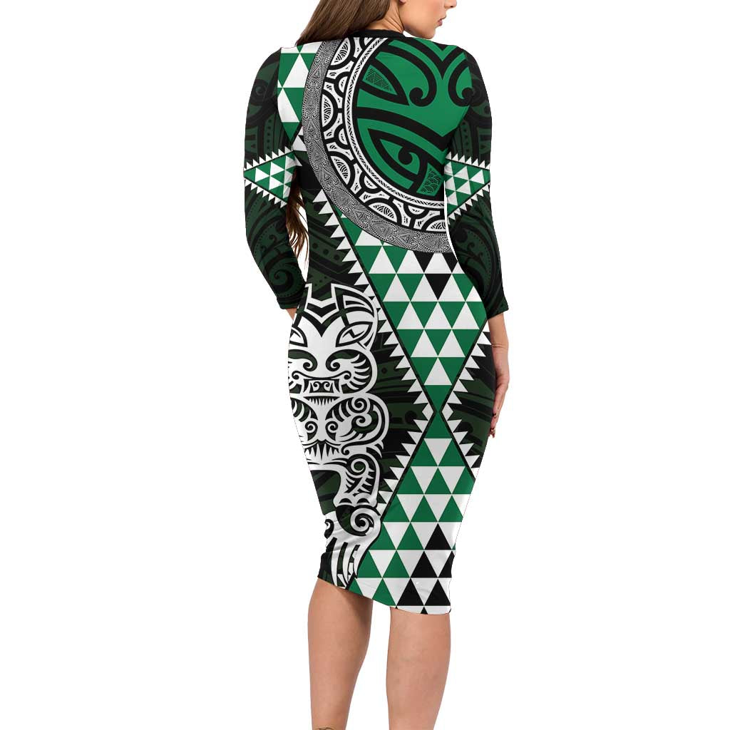 Green Aotearoa Niho Taniwha Family Matching Long Sleeve Bodycon Dress and Hawaiian Shirt Maori Mythology Tooth - Taniko Motifs LT14 - Polynesian Pride