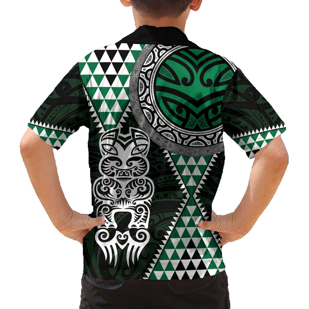 Green Aotearoa Niho Taniwha Family Matching Off The Shoulder Long Sleeve Dress and Hawaiian Shirt Maori Mythology Tooth - Taniko Motifs LT14 - Polynesian Pride