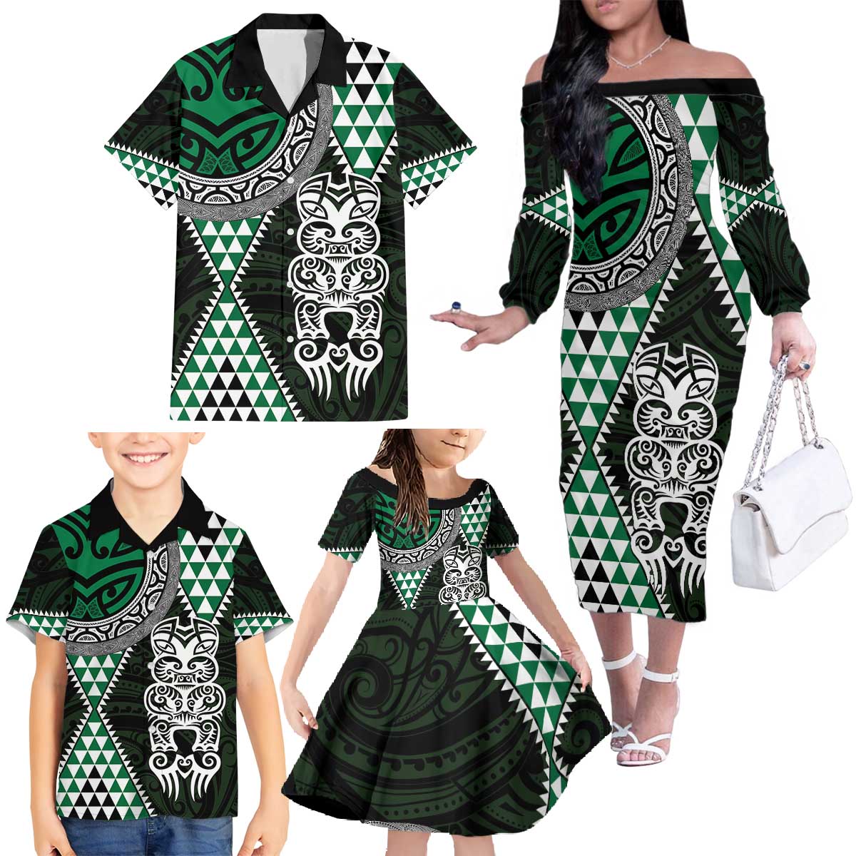 Green Aotearoa Niho Taniwha Family Matching Off The Shoulder Long Sleeve Dress and Hawaiian Shirt Maori Mythology Tooth - Taniko Motifs LT14 - Polynesian Pride