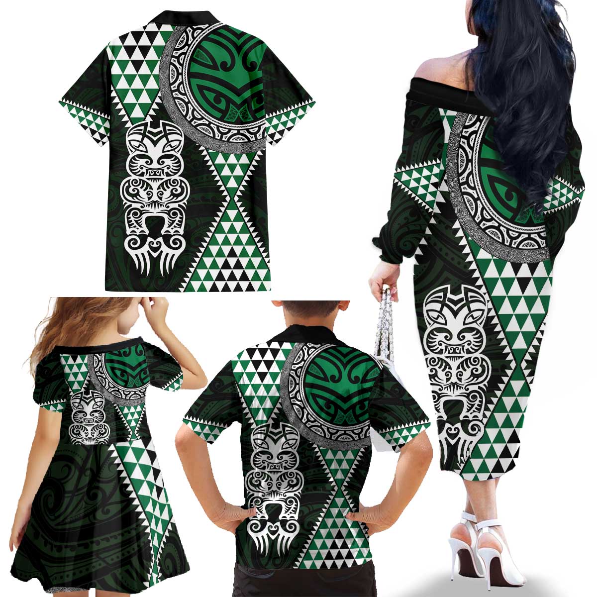 Green Aotearoa Niho Taniwha Family Matching Off The Shoulder Long Sleeve Dress and Hawaiian Shirt Maori Mythology Tooth - Taniko Motifs LT14 - Polynesian Pride