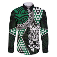 Green Aotearoa Niho Taniwha Family Matching Off The Shoulder Long Sleeve Dress and Hawaiian Shirt Maori Mythology Tooth - Taniko Motifs LT14 Dad's Shirt - Long Sleeve Green - Polynesian Pride