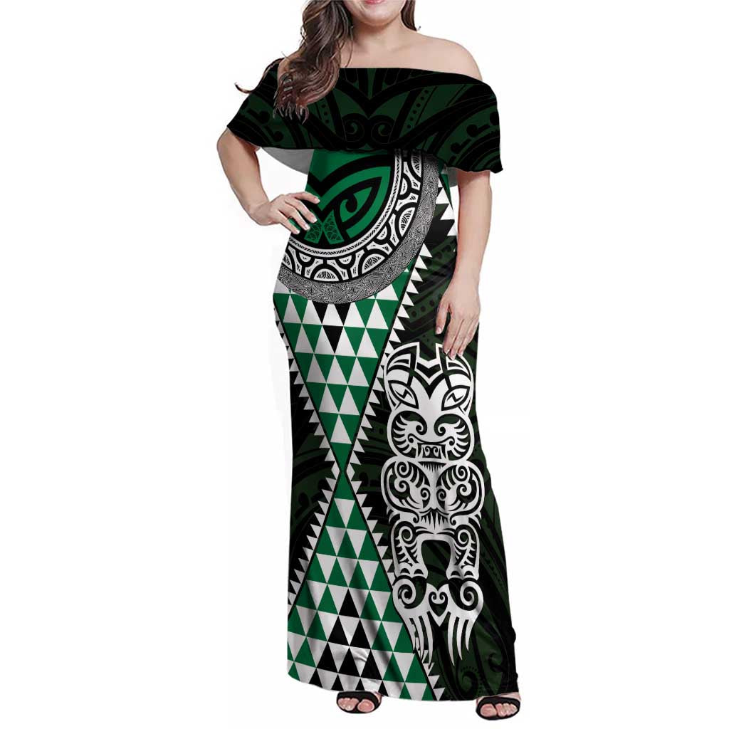 Green Aotearoa Niho Taniwha Family Matching Off Shoulder Maxi Dress and Hawaiian Shirt Maori Mythology Tooth - Taniko Motifs LT14 Mom's Dress Green - Polynesian Pride