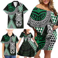 Green Aotearoa Niho Taniwha Family Matching Off Shoulder Short Dress and Hawaiian Shirt Maori Mythology Tooth - Taniko Motifs LT14 - Polynesian Pride