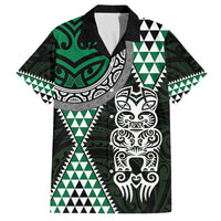 Green Aotearoa Niho Taniwha Family Matching Off Shoulder Short Dress and Hawaiian Shirt Maori Mythology Tooth - Taniko Motifs LT14 Dad's Shirt - Short Sleeve Green - Polynesian Pride