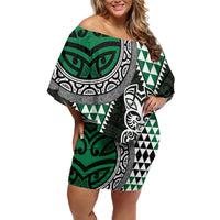 Green Aotearoa Niho Taniwha Family Matching Off Shoulder Short Dress and Hawaiian Shirt Maori Mythology Tooth - Taniko Motifs LT14 Mom's Dress Green - Polynesian Pride
