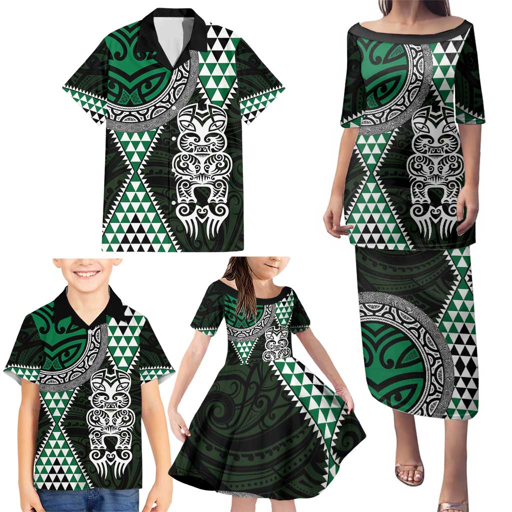 Green Aotearoa Niho Taniwha Family Matching Puletasi and Hawaiian Shirt Maori Mythology Tooth - Taniko Motifs LT14 - Polynesian Pride