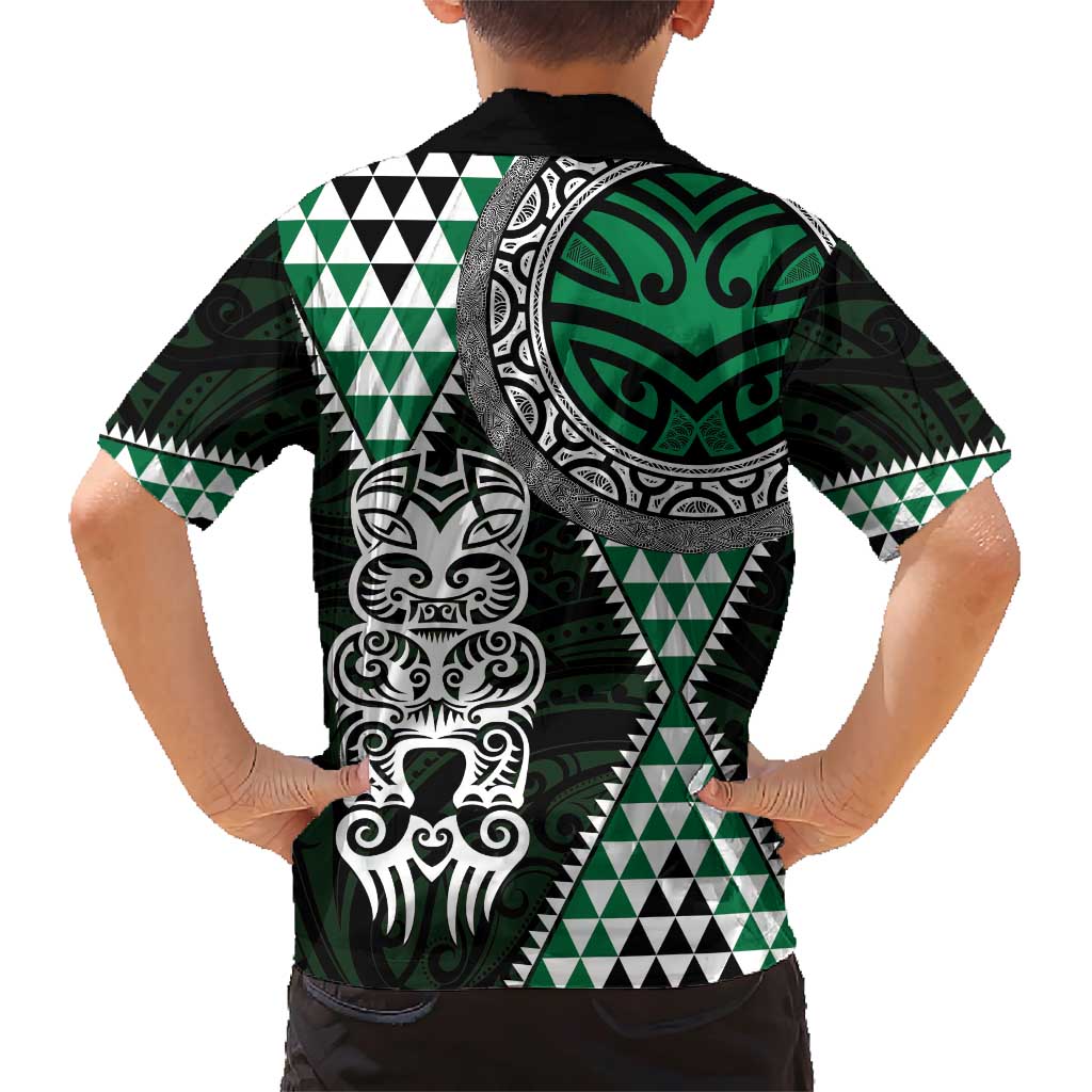 Green Aotearoa Niho Taniwha Family Matching Short Sleeve Bodycon Dress and Hawaiian Shirt Maori Mythology Tooth - Taniko Motifs LT14 - Polynesian Pride