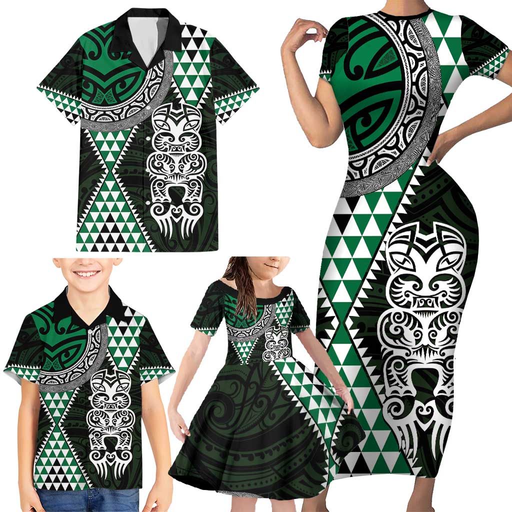 Green Aotearoa Niho Taniwha Family Matching Short Sleeve Bodycon Dress and Hawaiian Shirt Maori Mythology Tooth - Taniko Motifs LT14 - Polynesian Pride