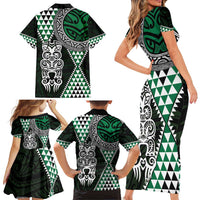 Green Aotearoa Niho Taniwha Family Matching Short Sleeve Bodycon Dress and Hawaiian Shirt Maori Mythology Tooth - Taniko Motifs LT14 - Polynesian Pride