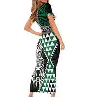 Green Aotearoa Niho Taniwha Family Matching Short Sleeve Bodycon Dress and Hawaiian Shirt Maori Mythology Tooth - Taniko Motifs LT14 - Polynesian Pride