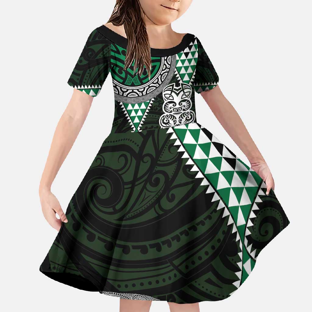 Green Aotearoa Niho Taniwha Family Matching Summer Maxi Dress and Hawaiian Shirt Maori Mythology Tooth - Taniko Motifs LT14 Daughter's Dress Green - Polynesian Pride