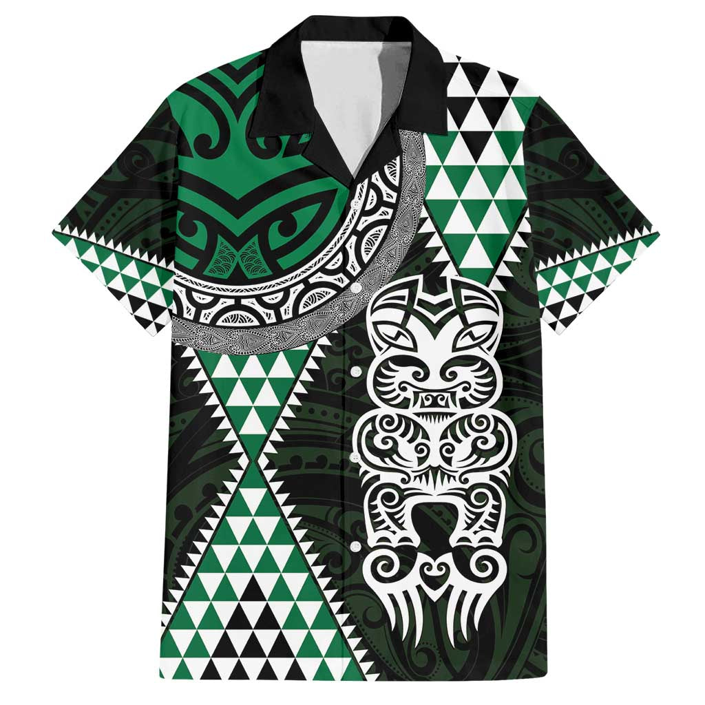 Green Aotearoa Niho Taniwha Family Matching Summer Maxi Dress and Hawaiian Shirt Maori Mythology Tooth - Taniko Motifs LT14 Dad's Shirt - Short Sleeve Green - Polynesian Pride