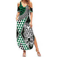 Green Aotearoa Niho Taniwha Family Matching Summer Maxi Dress and Hawaiian Shirt Maori Mythology Tooth - Taniko Motifs LT14 Mom's Dress Green - Polynesian Pride