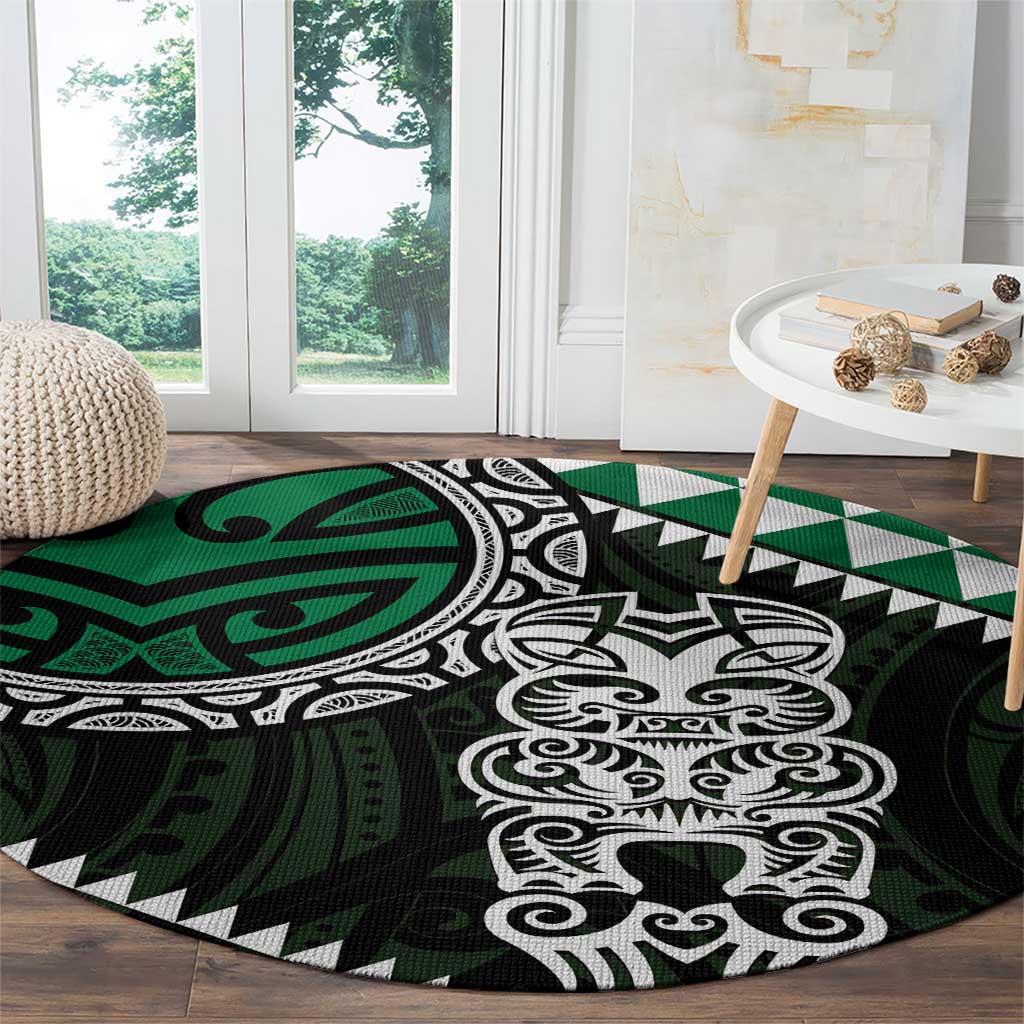 Green Aotearoa Niho Taniwha Round Carpet Maori Mythology Tooth - Taniko Motifs LT14 - Polynesian Pride