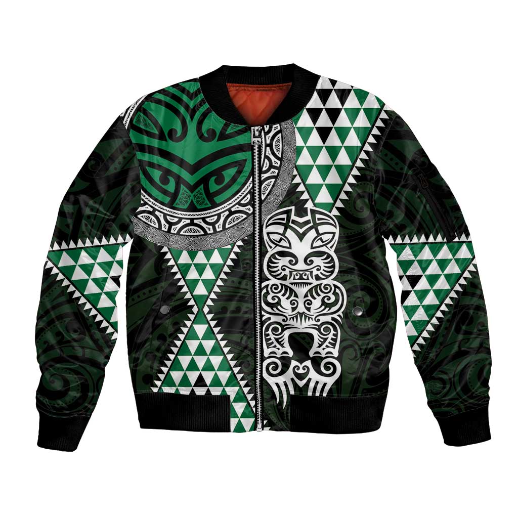 Green Aotearoa Niho Taniwha Sleeve Zip Bomber Jacket Maori Mythology Tooth - Taniko Motifs LT14 Unisex Green - Polynesian Pride