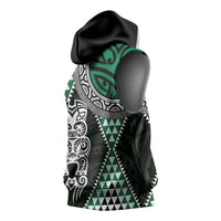 Green Aotearoa Niho Taniwha Sleeveless Hoodie Maori Mythology Tooth - Taniko Motifs - Polynesian Pride