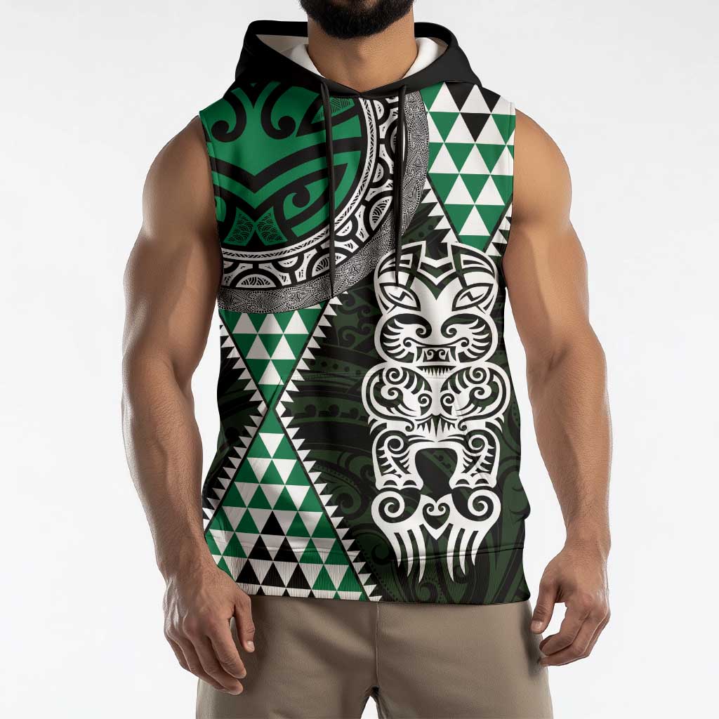 Green Aotearoa Niho Taniwha Sleeveless Hoodie Maori Mythology Tooth - Taniko Motifs - Polynesian Pride