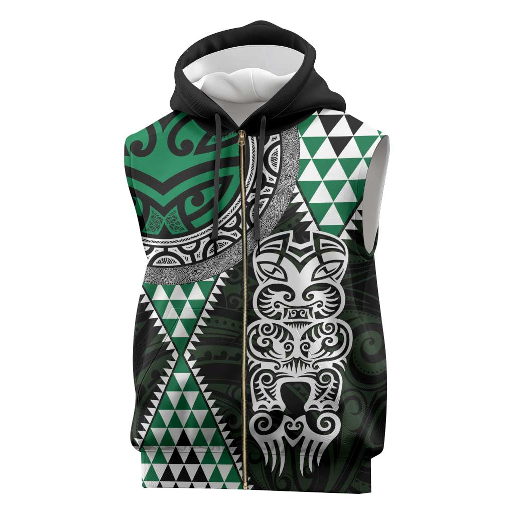 Green Aotearoa Niho Taniwha Sleeveless Zip Hoodie Maori Mythology Tooth - Taniko Motifs - Polynesian Pride